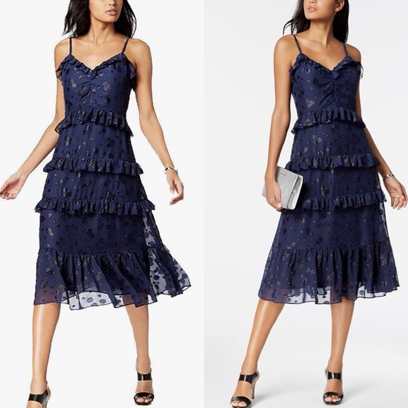 Michael Michael Kors Printed Jacquard Ruffled Midi Dress True Navy Blue Large - Picture 1 of 13